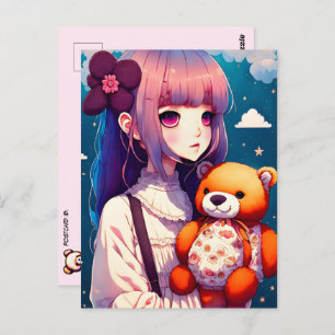 Cartão Postal Uma Menina de Anime com Urso de Teddy, Passando