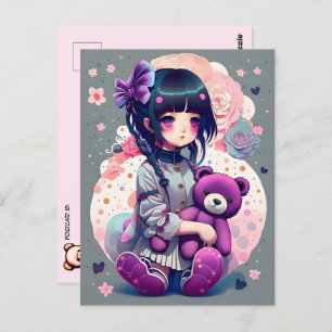 Cartão Postal Uma Menina de Anime com Urso de Teddy, Passando