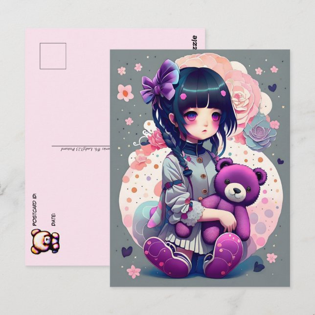 Cartão Postal Uma Menina de Anime com Urso de Teddy, Passando (Frente/Verso)