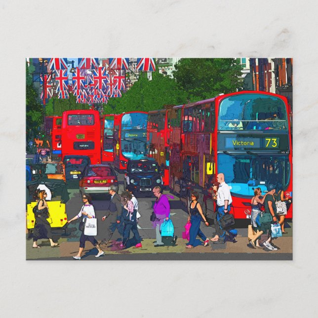Cartão Postal Uma movimentada Oxford Street com compradores e ôn (Frente)