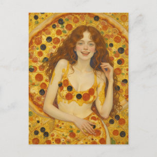 Cartão Postal Uma Mulher Alegre Com Vestido de Pizza