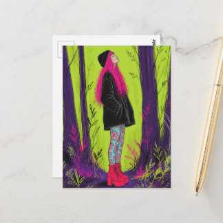 Cartão Postal Uma Mulher Bonita Com Cabelo Rosa Neon na Floresta