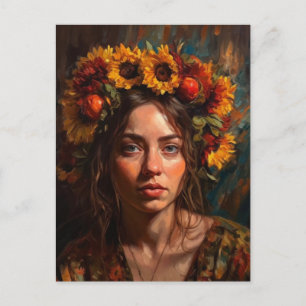 Cartão Postal Uma Mulher Bonita Com Girassóis No Cabelo