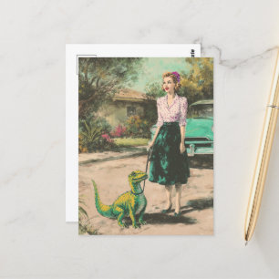 Cartão Postal Uma mulher caminha com seu pequeno Dino