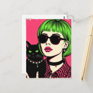 Cartão Postal Uma mulher com cabelos verdes lima e seu gato pret