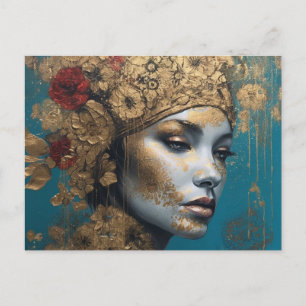 Cartão Postal Uma mulher com Dourado e Flores