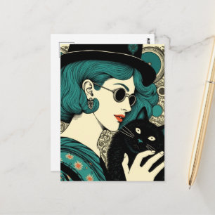 Cartão Postal Uma mulher com seu gato preto