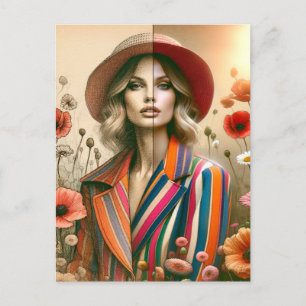 Cartão Postal Uma Mulher Dois Estilos Stripes Fashion Sketch