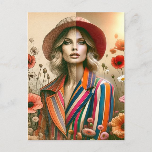Cartão Postal Uma Mulher Dois Estilos Stripes Fashion Sketch (Frente)