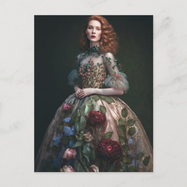 Cartão Postal Uma mulher linda em vestidos florais IA Arte gerad (Frente)