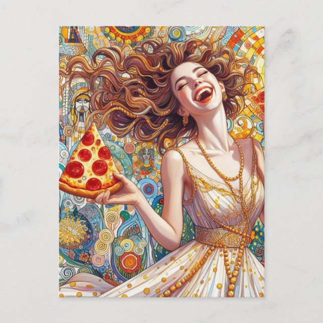 Cartão Postal Uma Mulher Muito Feliz Com Pizza (Frente)