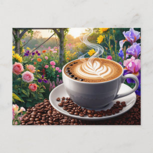 Cartão Postal Uma taça de café e um lindo jardim de flores