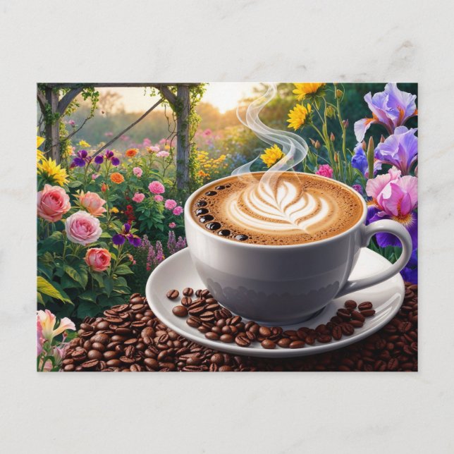 Cartão Postal Uma xícara de café e um lindo jardim de flores (Frente)