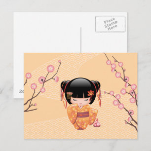 Cartão Postal Ume Kokeshi Doll - Rapariga Peach Geisha Japonesa