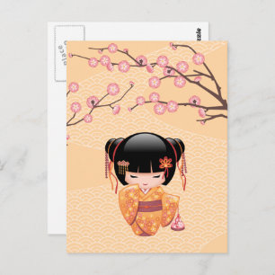Cartão Postal Ume Kokeshi Doll - Rapariga Peach Geisha Japonesa