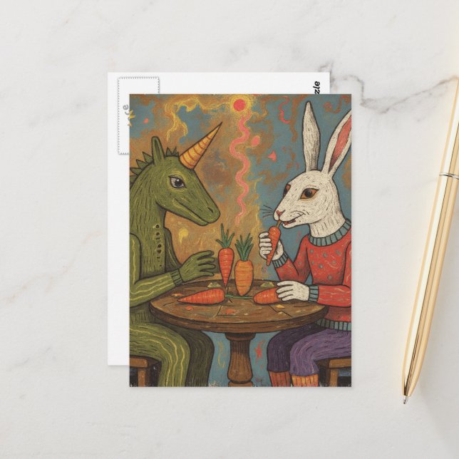 Cartão Postal Unicorn and Rabbit Eating Carrots Surreal (Frente/Verso In Situ)