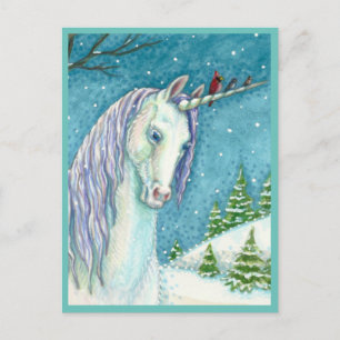 CARTÃO POSTAL UNICORN E AVES DE INVERNO, PAISAGEM DE NEVE PACÍF
