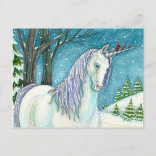 CARTÃO POSTAL UNICORN E AVES DE INVERNO, PAISAGEM DE NEVE PACÍF