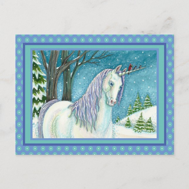 CARTÃO POSTAL UNICORN E AVES DE INVERNO, PAISAGEM DE NEVE PACÍFI (Frente)