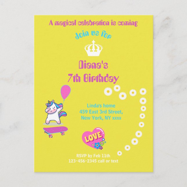 Cartão Postal Unicorn em skateboard com legendas personalizadas (Frente)