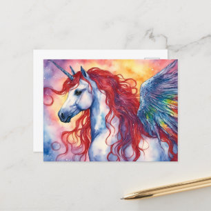 Cartão Postal Unicorn Pegasus Com Red Mane