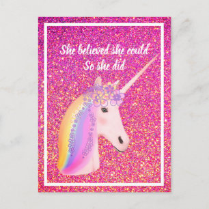 Cartão Postal Unicorn Rosa Brilhante Inspiração Acreditava