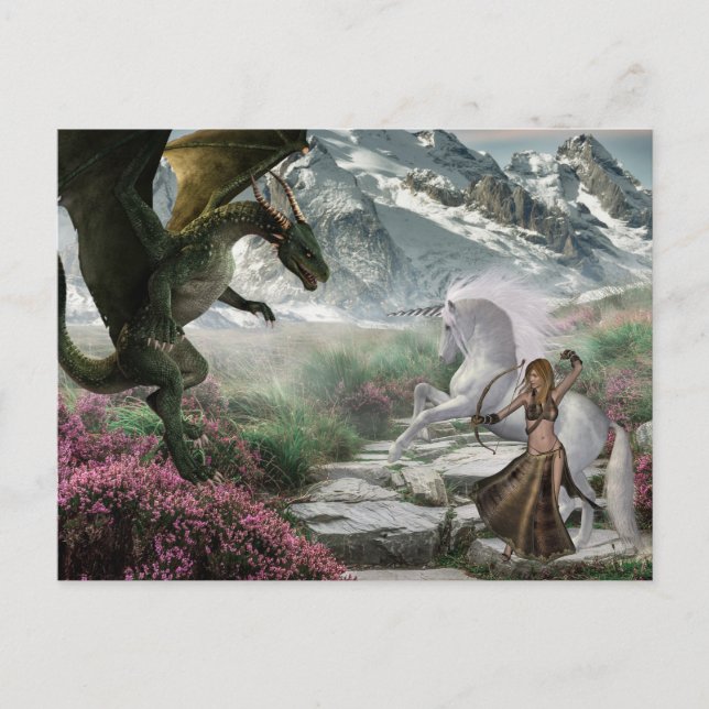 Cartão Postal Unicorn Warrior Fantasy Batalha com Dragão (Frente)