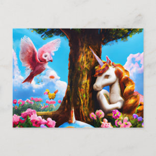 Cartão Postal Unicórnio Adorável e Pink Fantasy Crianças Arte