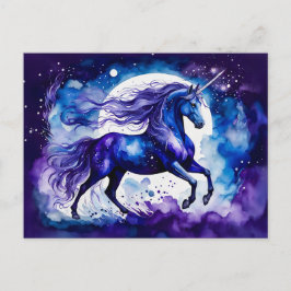 Cartão Postal Unicórnio Azul Majestoso Boho Aquarela Sob Estrela