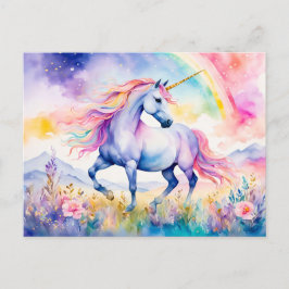 Cartão Postal Unicórnio Caminhando Sob um Arco-íris Reluzente