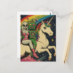 Cartão Postal Unicórnio Com Alien e um Robô Apaixonado