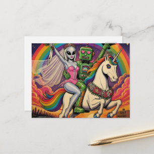 Cartão Postal Unicórnio Com Noiva Alien e um Noivo Robô