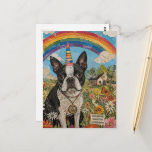 Cartão Postal Unicórnio da Paz Boston Terrier em Flores Silvestr