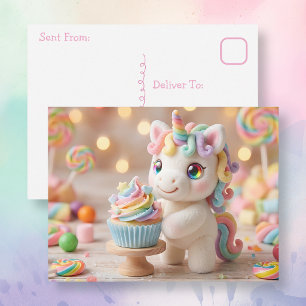 Cartão Postal Unicórnio de Bala Pastel com Cupcake de Arco-íris