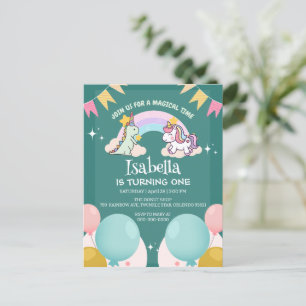 Cartão Postal Unicórnio Dinossauro Fofo Balão arco-íris aniversá