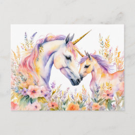 Cartão Postal Unicórnio e Bebê Ternurentos em Flor em Aquarela B