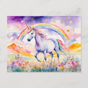 Cartão Postal Unicórnio Encantado Sob um Céu de Arco-Íris Radian