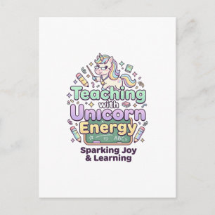 Cartão Postal Unicórnio ensinando com tipografia ousada de energ