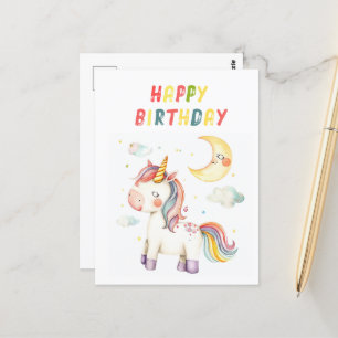 Cartão Postal Unicórnio Fofo I Colorido Feliz Aniversário