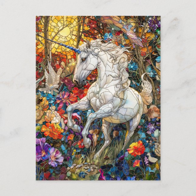 Cartão Postal Unicórnio no Jardim Flor (Frente)