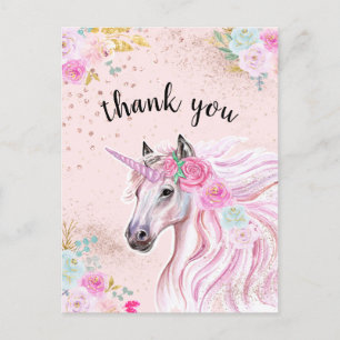 Cartão Postal Unicórnio Obrigado Rosa Azul Floral Dourado Brilho