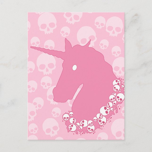 Cartão Postal Unicórnio rosa com crânios (Frente)