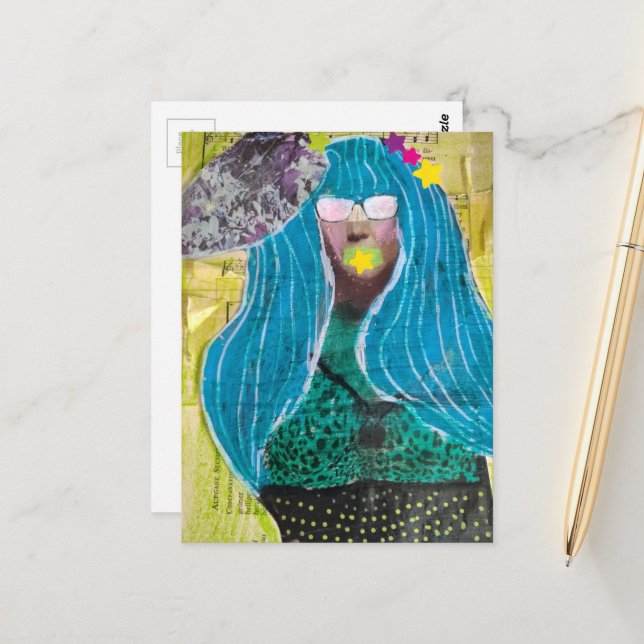 Cartão Postal Unique Lady With Blue Hair Mixed Media Collage (Frente/Verso In Situ)