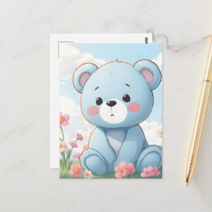 Cartão Postal Ursa de pelúcia azul fofa no jardim