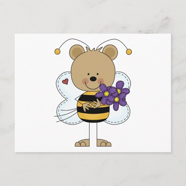 Cartão Postal Ursinho bonitinho com flores roxas (Frente)