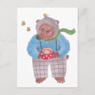 Cartão Postal Urso, abelhas e cappuccino