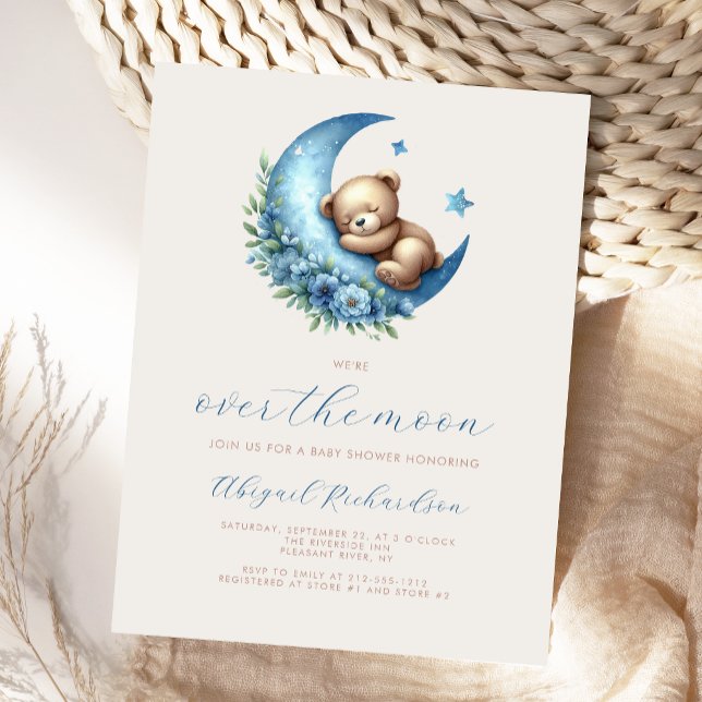 Cartão Postal Urso Azul Teddy Bear Festa de Bebê Menino Lua (Criador carregado)