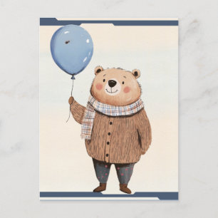 Cartão Postal Urso Balão Azul na Xadrez do Sweater Castanho