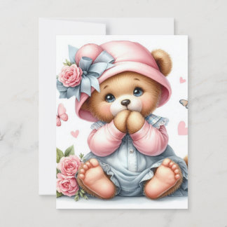 Cartão Postal Urso bebê adorável com chapéu e arco cor-de-rosa