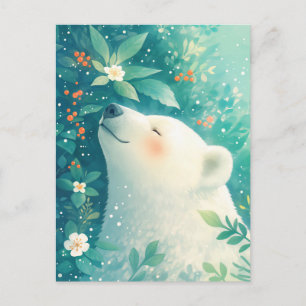 Cartão Postal Urso Branco Sereno em Jardim Verde Exuberante